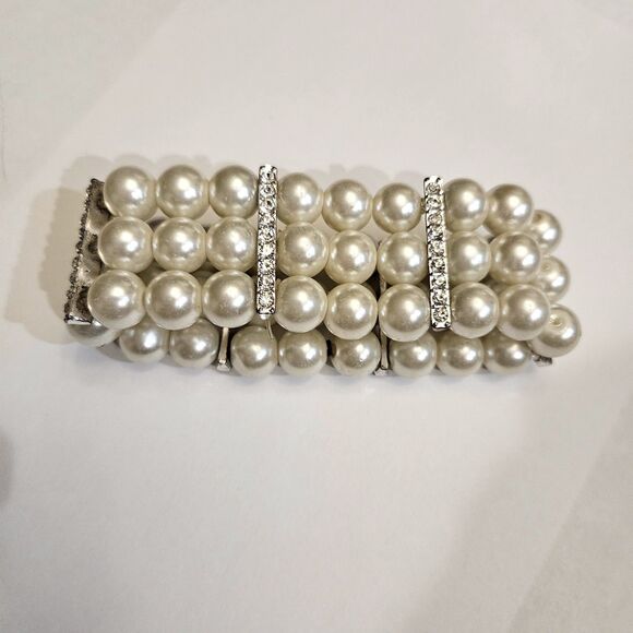 Faux Pearl & Rinestone Stretch Bracelet 18cm 7in Costume Jewlery Set Stones - Picture 2 of 7